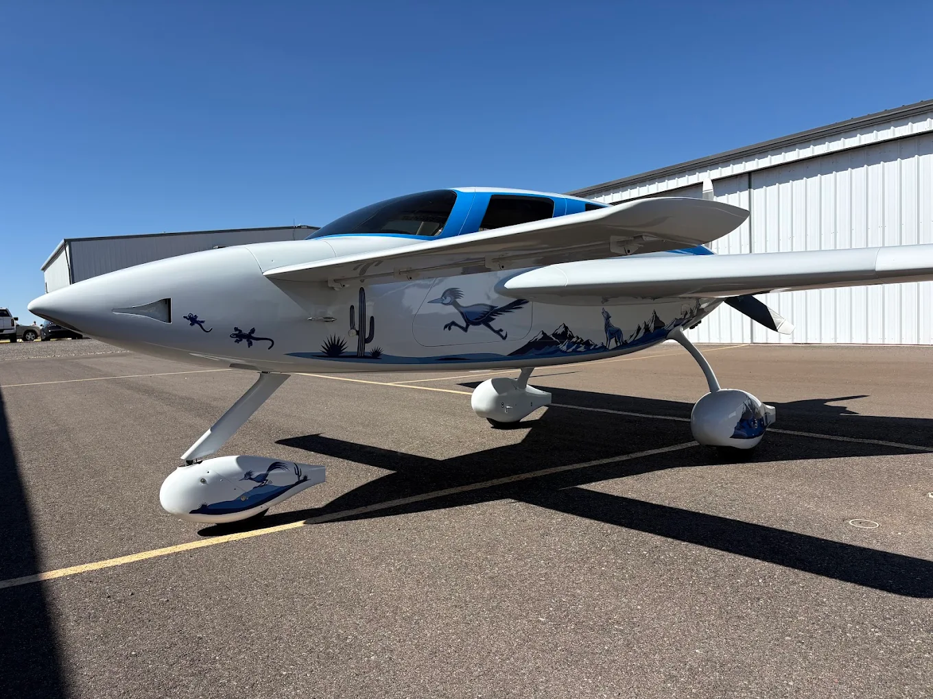 Velocity XL experimental aircraft after custom paint with blue accents, desert scene, roadrunner, cactus, and mountain graphics on the fuselage